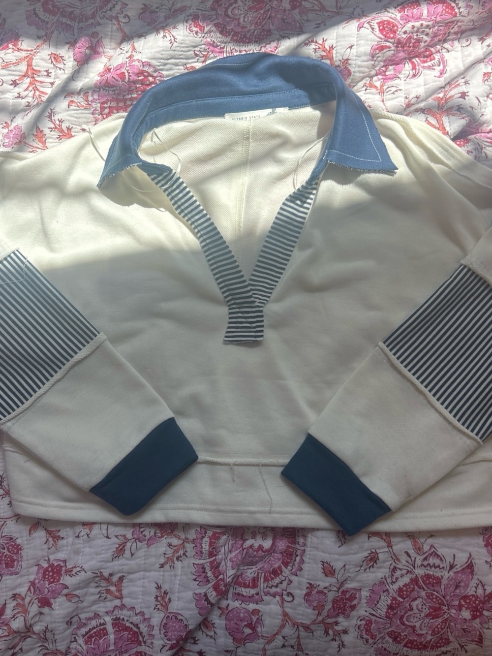 Altar'd State Cream and Blue Striped Collared Pullover Sweater